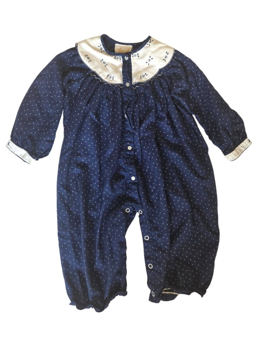 Vtg Anuello Hand-Embroidered Baby Bubble Romper Polka Dots Navy Size 12-18M